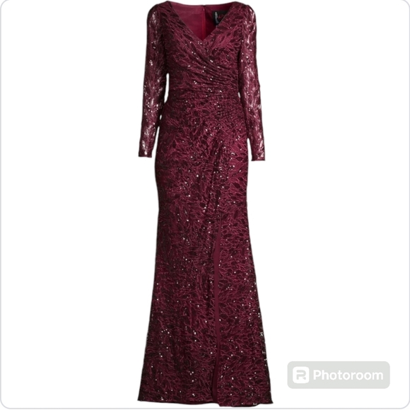 Mac Duggal Maxi Dress Ruched Embroidery Lace Sequin Faux Wrap Long Sleeves Gown - Picture 5 of 15